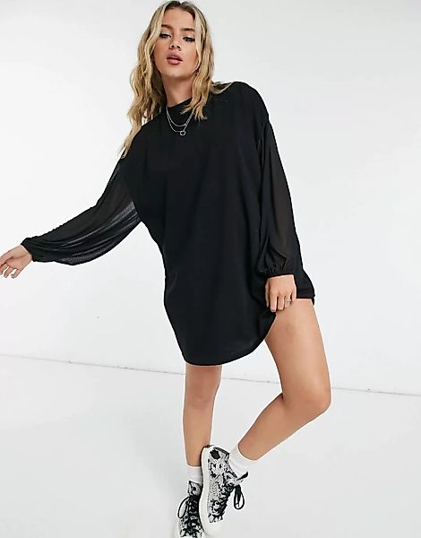ASOS DESIGN – Langärmliges T-Shirt-Kleid in Schwarz aus Netzstoff-Mischgewe günstig online kaufen
