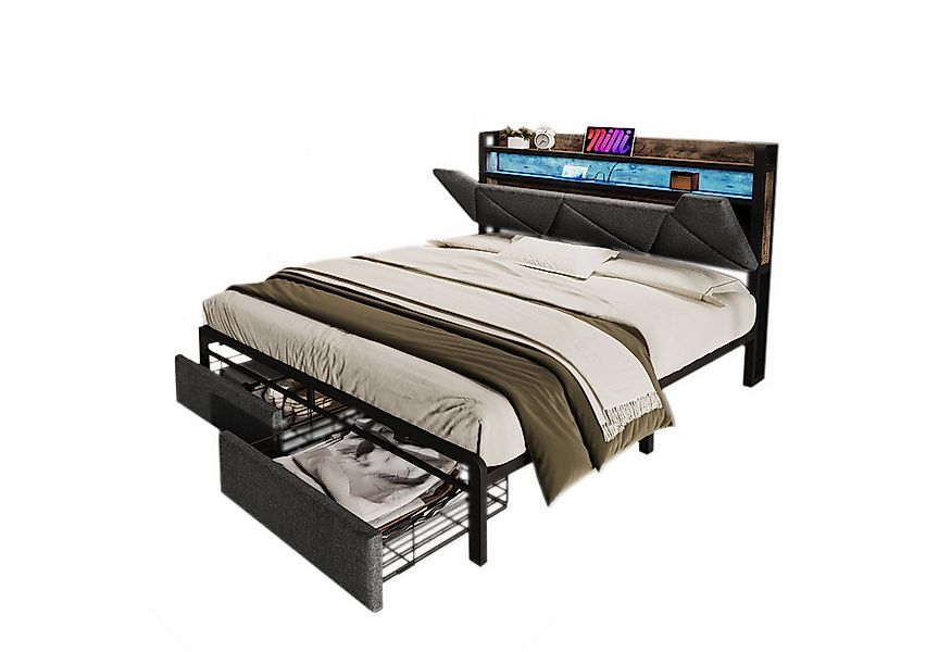 Flieks Polsterbett, LED Doppelbett mit Ladefunktion, Stauraumkopfteil, Schu günstig online kaufen