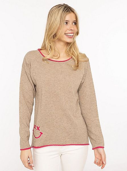 Zwillingsherz Rundhalspullover "Happy Face" Stickerei, aufgerollte kontrast günstig online kaufen