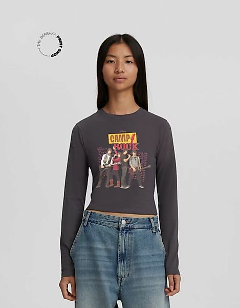 Bershka Shirt Camp Rock Mit Langen Ärmeln Und Print Damen Xs Dunkelgrau günstig online kaufen