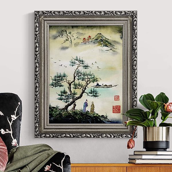 Gerahmtes Leinwandbild Japanische Aquarell Zeichnung Kiefer und Bergdorf günstig online kaufen