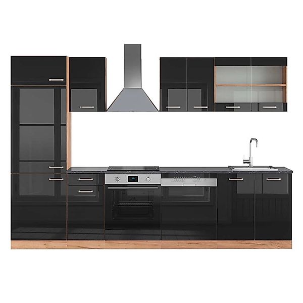 Vicco R-Line Küchenzeile Schwarz Hochglanz/Goldkraft Eiche 300 cm AP Anthra günstig online kaufen