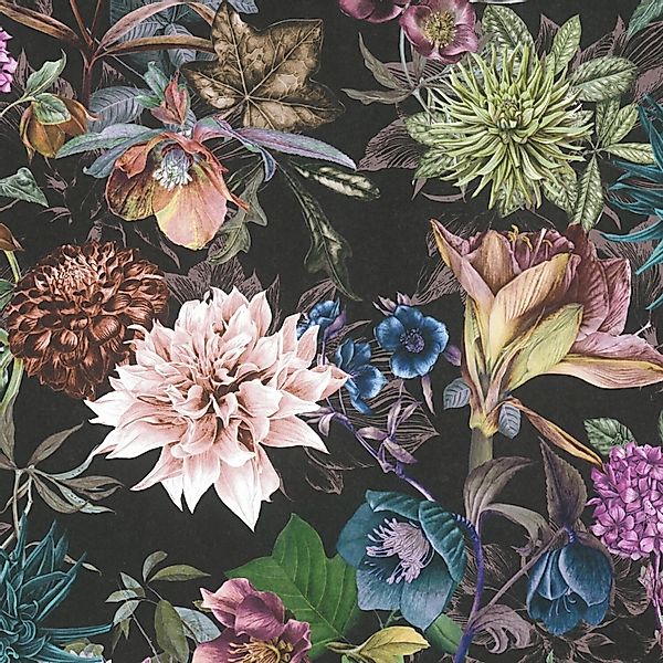 PROFHOME 381757-GU Blumen Tapete Floral Matt Schwarz Rosa Türkis oliv 0,53 günstig online kaufen