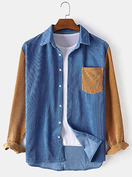 Herren Cord Patchwork Color Block Langarm lose Hemden mit Kontrasttasche günstig online kaufen