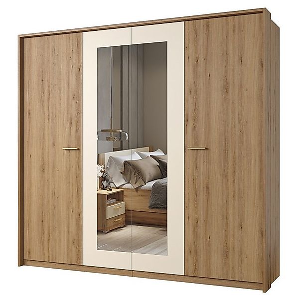 Lomadox Kleiderschrank VARESE-83 Eiche mit beige 4-trg. Spiegel Passepartou günstig online kaufen