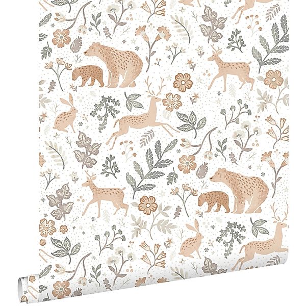 ESTAhome Tapete Wald mit Waldtieren Graugrün Beige und Weiß 53 cm x 10.05 m günstig online kaufen
