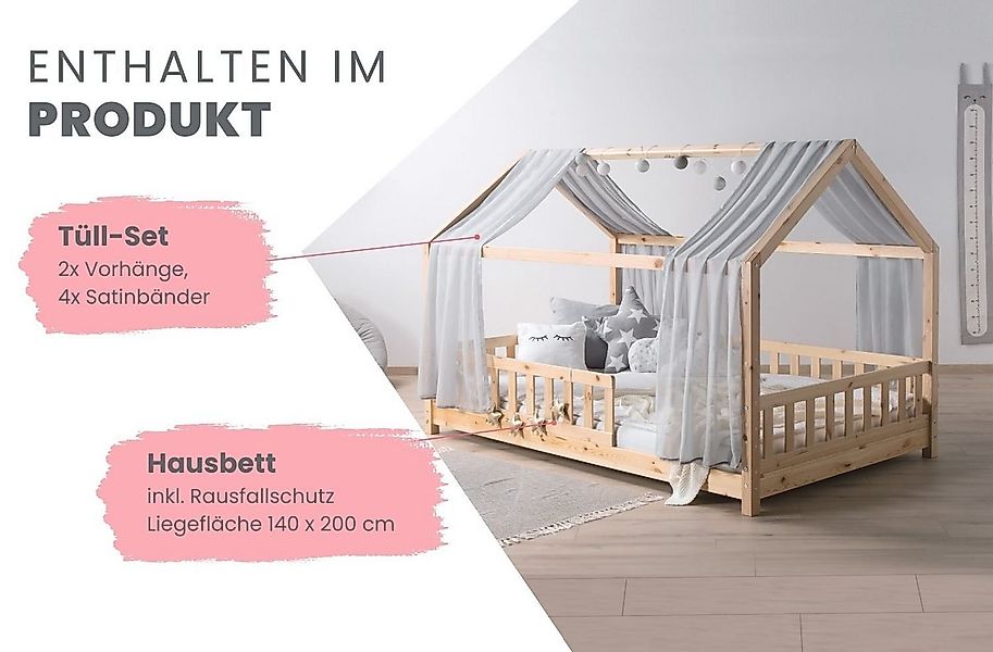 Ticaa Hausbett Kim mit Rausfallschutz aus Kiefer, Kinderbett 140x200, inkl. günstig online kaufen