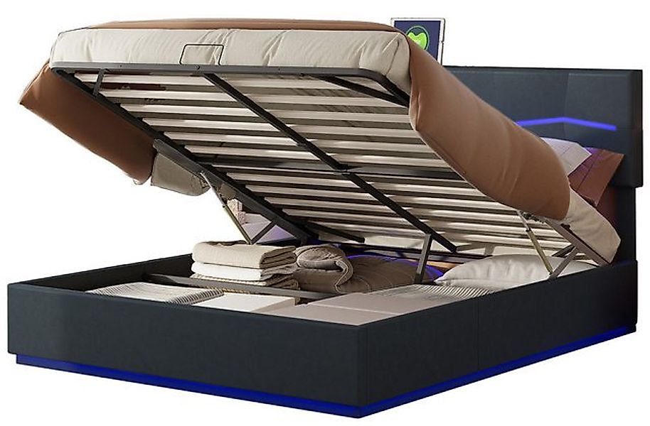 FUROKOY Polsterbett Doppelbett Stauraumbett mit USB+Type C und LED-Beleucht günstig online kaufen