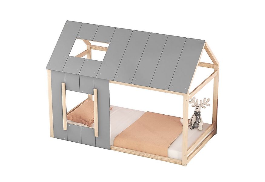 Flieks Kinderbett, Massivholz Einzelbett Hausbett mit Dach und Fenster 90x2 günstig online kaufen