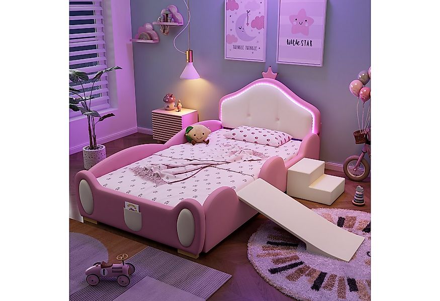 Flieks Polsterbett, LED Beleuchtung Krone Kinderbett Rutsche/ Treppe 90x200 günstig online kaufen