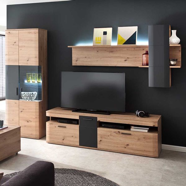 Design Anbauwand in Anthrazit und Eichefarben 290 cm breit (dreiteilig) günstig online kaufen