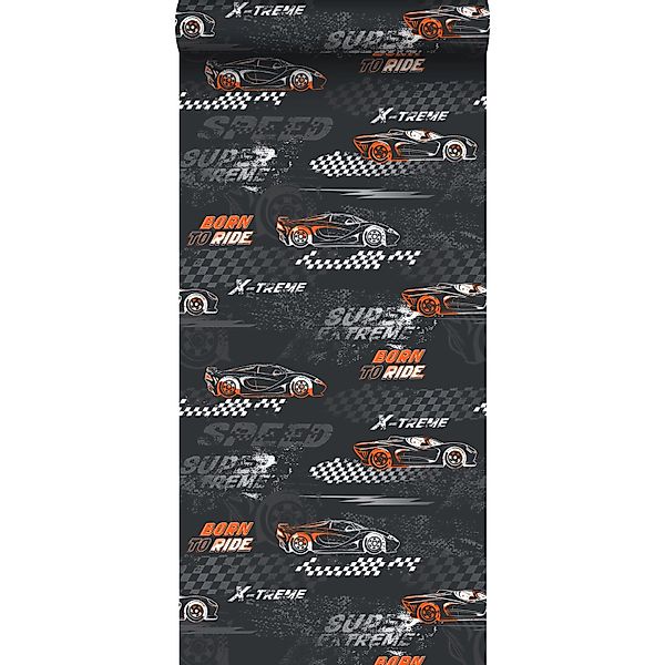 Sanders & Sanders Tapete Rennwagen Orange und Schwarz-Weiß 50 x 900 cm günstig online kaufen