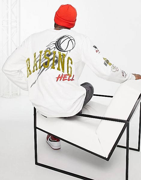 Topman – Langärmliges Oversize-Shirt in Weiß mit Print auf Ärmeln und Rücke günstig online kaufen