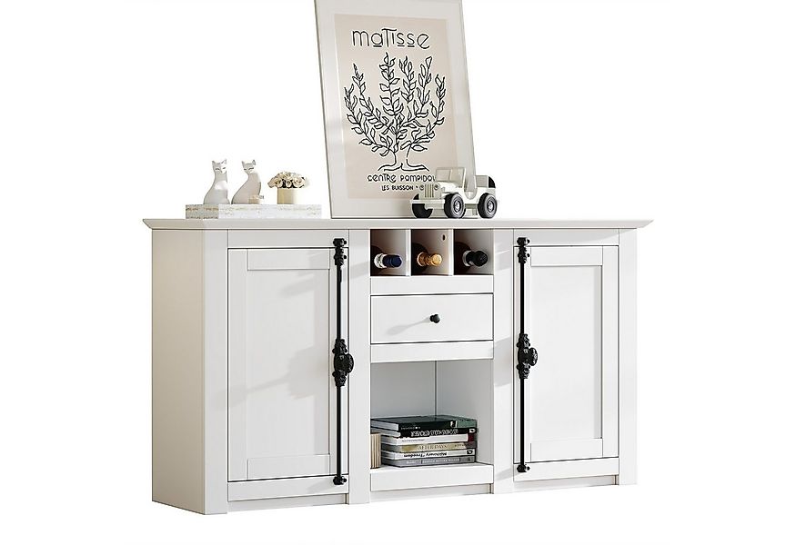 Merax Sideboard Wohnzimmerschrank, Weiß mit schwarzen Griffen (130×35×70cm, günstig online kaufen