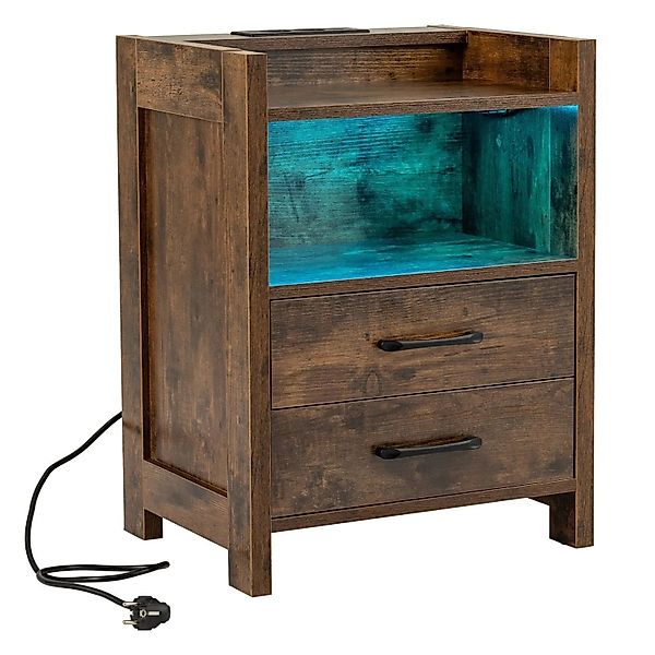 Costway Nachttisch mit Led-Lichtern & Ladestation 2 Schubladen Braun günstig online kaufen