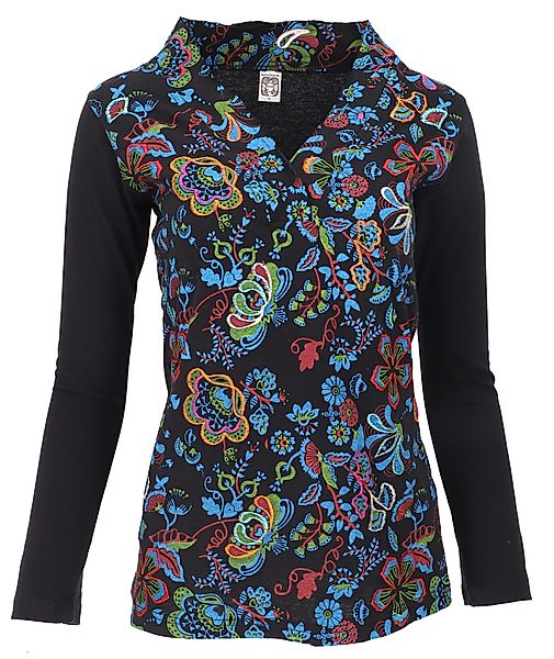 Guru-Shop Longsleeve Besticktes Langarmshirt mit V-Neck günstig online kaufen