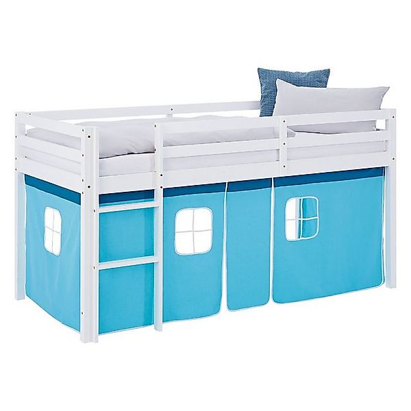 Homestyle4u Hochbett 90x200 Kinderbett Weiß mit Vorhang Blau für 1 Kind Kie günstig online kaufen