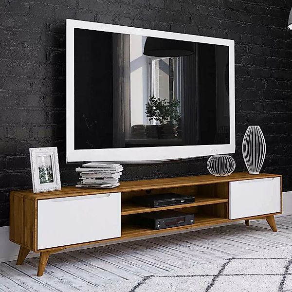 TV Lowboard in Weiß und Wildeiche 220 cm breit günstig online kaufen