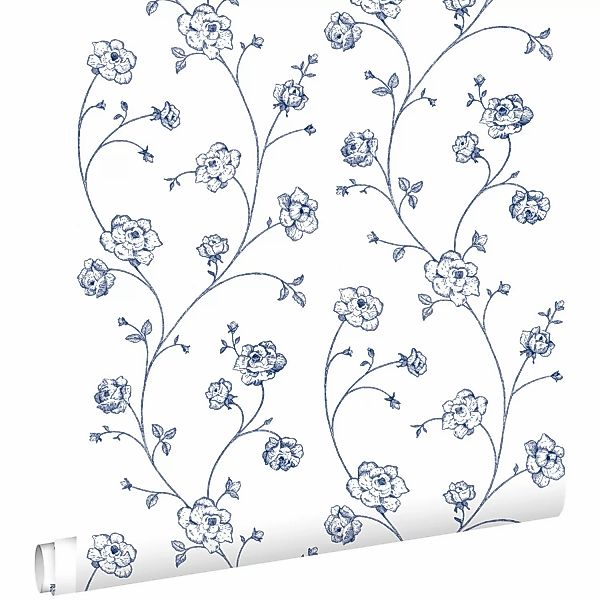 ESTAhome Tapete Toile De Jouy Rosen Weiß und Blau 0,53 x 10,05 m 139300 günstig online kaufen