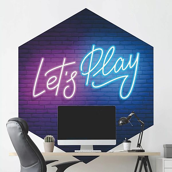 Hexagon Mustertapete Neon Schrift Let's Play günstig online kaufen