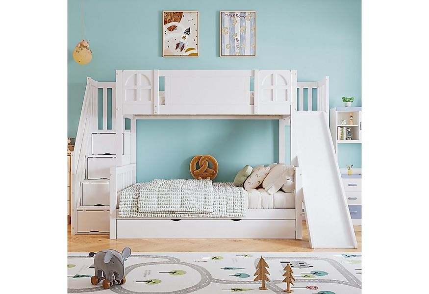 Flieks Etagenbett, Kinderbett 90/120x200cm mit Fenster Rutsche Stauraumtrep günstig online kaufen
