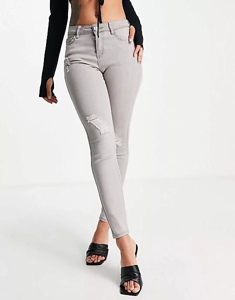 Lipsy – Jeans mit Zierrissen am Knie in Grau-Grün günstig online kaufen