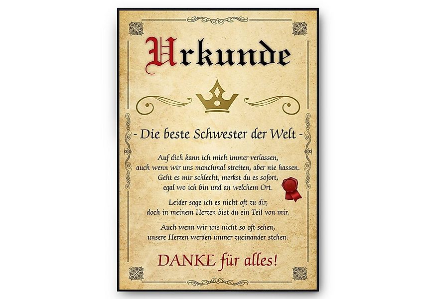 Tigerlino Poster Beste Schwester Urkunde Bild Schwester Geschenk von Bruder günstig online kaufen