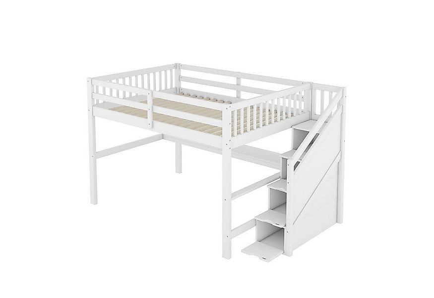 SOFTWEARY Hochbett mit Lattenrost und Treppe (140x200 cm) Kinderbett mit Ra günstig online kaufen