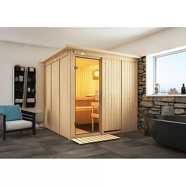 Karibu Sauna Rikka mit Ofen integrierte Stg.LED-Dachkranz Natur günstig online kaufen