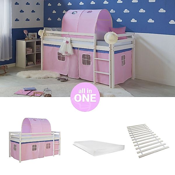 Homestyle4u Hochbett 90x200 mit Vorhang Lattenrost Matratze Tunnel in Weiß günstig online kaufen