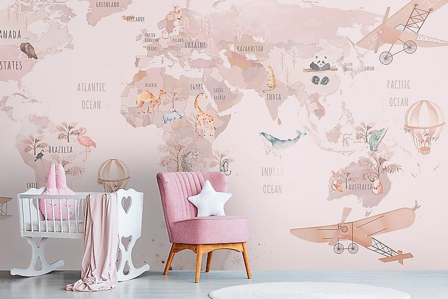 A.S. Création Vliestapete Kinderzimmer-Tapete Weltkarte Rosa Tiere Flugzeug günstig online kaufen