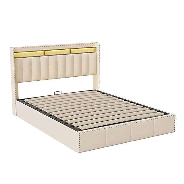 PXloue Polsterbett mit Hydraulisch Stauraum und LED Bett in Beige 140x200cm günstig online kaufen