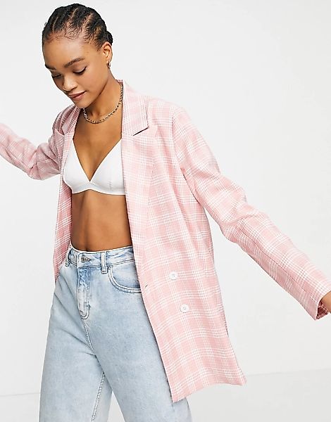 Urban Threads – Zweireihiger Oversize-Blazer in Rosa kariert-Mehrfarbig günstig online kaufen