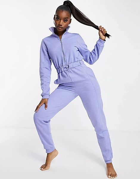 ASOS DESIGN – Lounge – Sweatshirt-Jumpsuit mit hohem Kragen in blauer Tönun günstig online kaufen