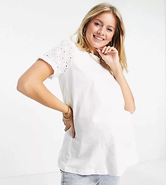 ASOS DESIGN Maternity – Exklusives T-Shirt in Weiß mit Lochstickerei am Ärm günstig online kaufen