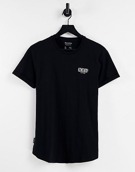 Bershka – Schwarzes T-Shirt mit Print auf der Brust günstig online kaufen