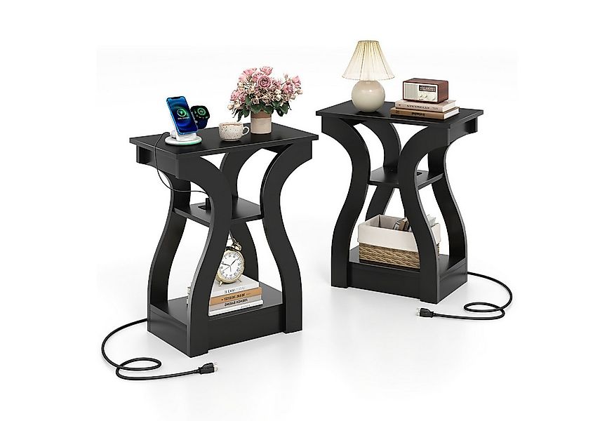 COSTWAY Beistelltisch (2er Set), 3-stöckiger Nachttisch mit Ladestation Hol günstig online kaufen