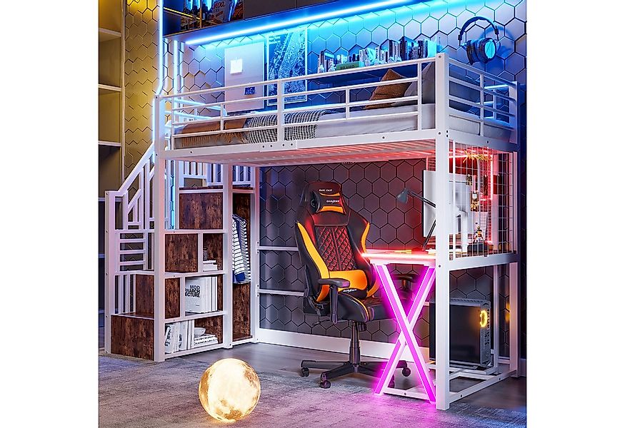 Flieks Hochbett LED Metallbett 90x200cm mit Schreibtisch Kleiderschrank Sta günstig online kaufen