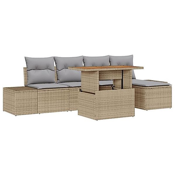 vidaXL Loungesofa 6-teiliges Garten Esszimmer Set mit Kissen Beige Poly Rat günstig online kaufen