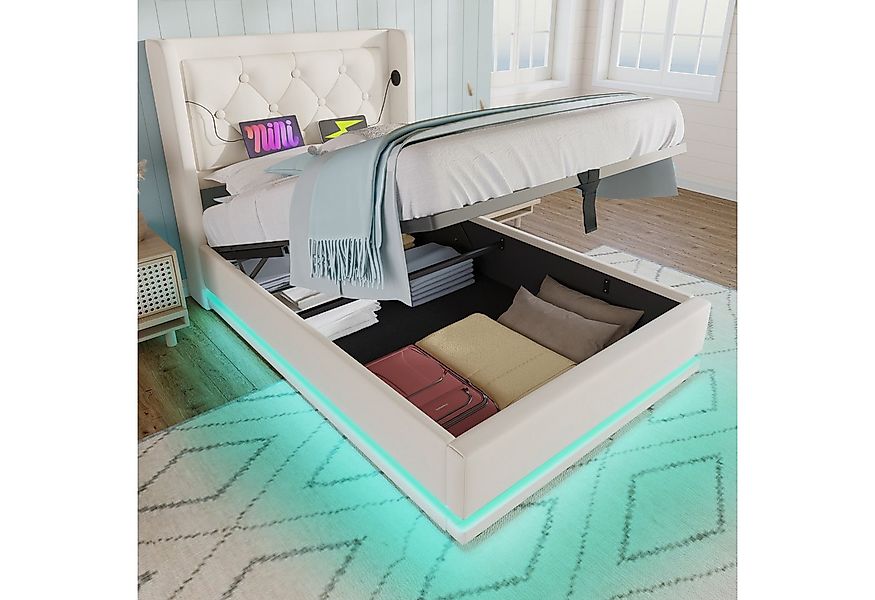 Flieks Polsterbett, LED Hydraulisches Stauraumbett Einzelbett 90x200cm mit günstig online kaufen