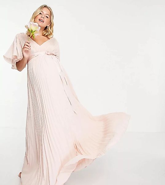 ASOS DESIGN Maternity – Bridesmaid – Plissiertes Maxikleid mit Flatterärmel günstig online kaufen