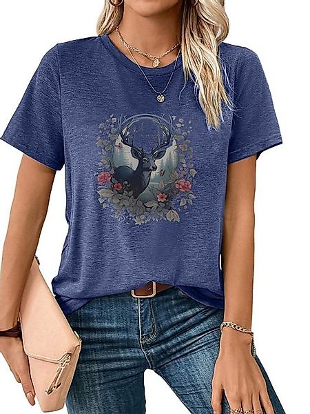PYL Kurzarmbluse Damen Bequemes Sommer Kurzarmbluse Locker Elch Print-Shirt günstig online kaufen