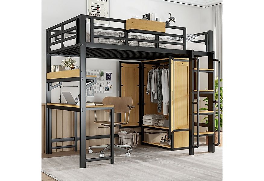 Odikalo Hochbett 90x200 Metallbett mit Schreibtisch & Kleiderschrank (Eisen günstig online kaufen