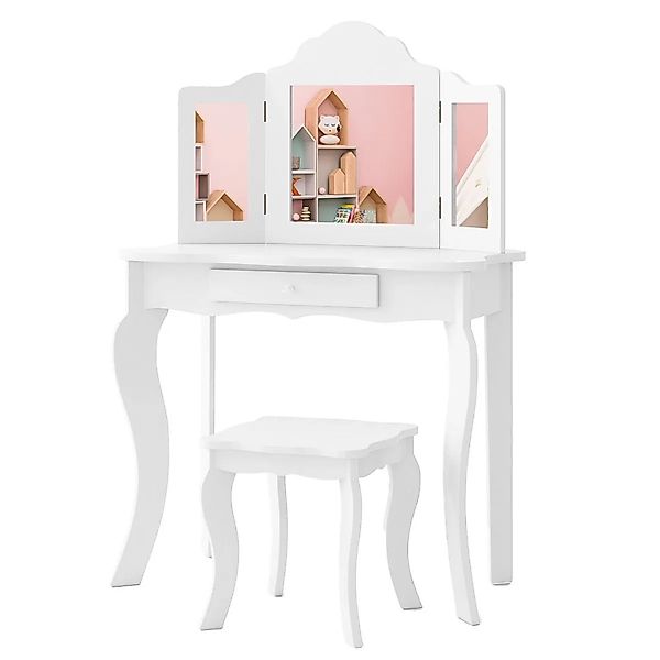 Costway 2 In 1 Kinder Schminktisch mit 3-Fach Spiegel & Hocker Weiß günstig online kaufen