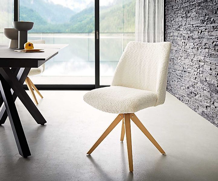 Drehstuhl Elso-Flex Bouclé Weiß Holzgestell kantig Natur 180° drehbar Tasch günstig online kaufen