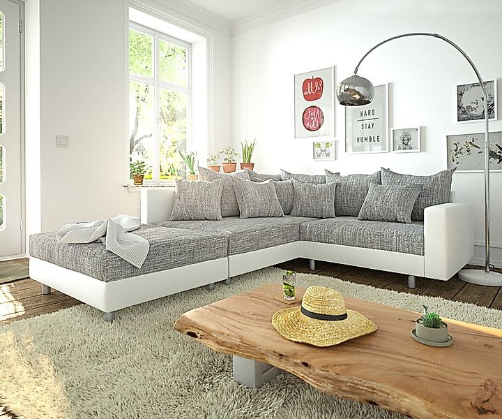 DELIFE Ecksofa Clovis, Weiss Hellgrau Hocker günstig online kaufen