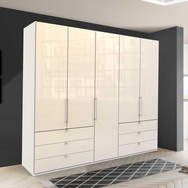 Cremefarbener Kleiderschrank mit sechs Schubladen 3 türig günstig online kaufen