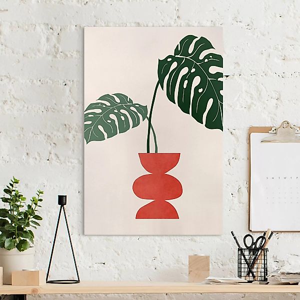 Leinwandbild Monstera in roter Vase günstig online kaufen
