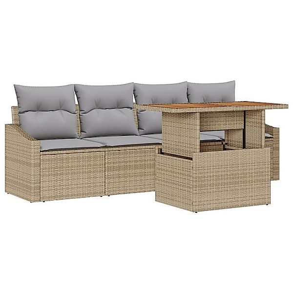 vidaXL Loungesofa 5-teilige Garten Essgruppe mit Kissen Beige Poly Rattan, günstig online kaufen