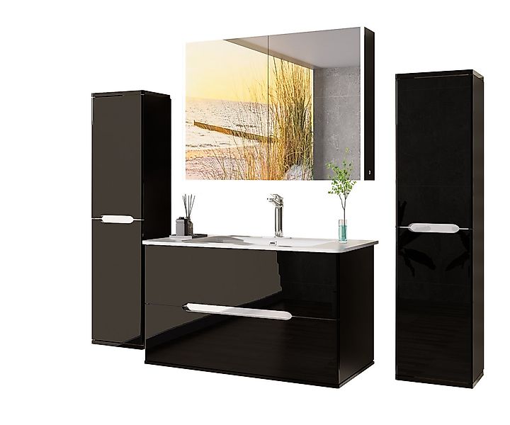 Homeline Badmöbel-Set Bad Möbelset Badezimmer Möbel Hochglanz 90 cm Eiche / günstig online kaufen